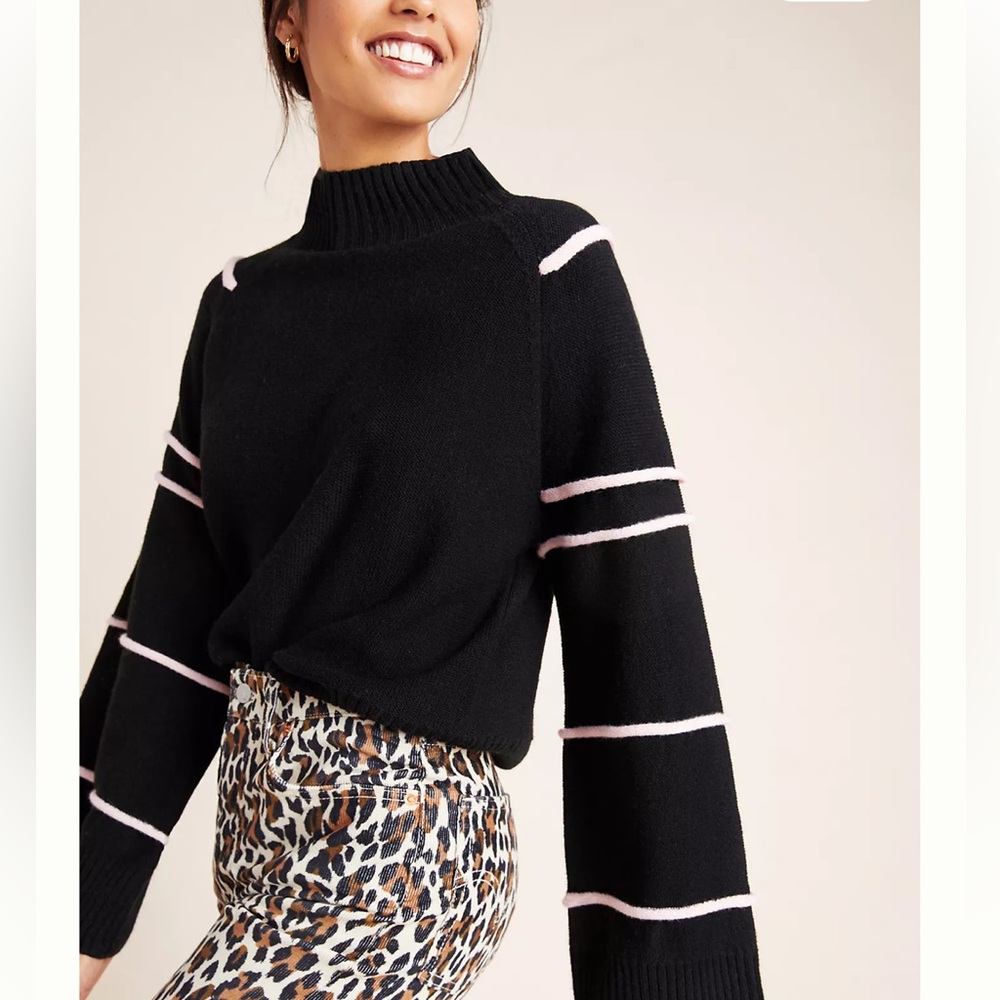 Anthropologie Black Sweater with Pink Stripes Turtleneck